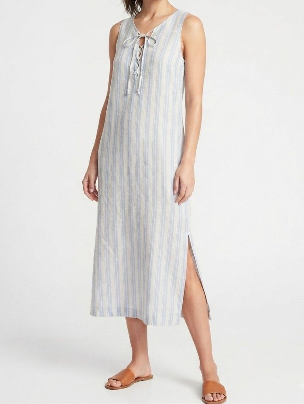 Sigrid Olsen Blue White Striped 100% Linen Midi Dress Size XS Cottagecore Boho
